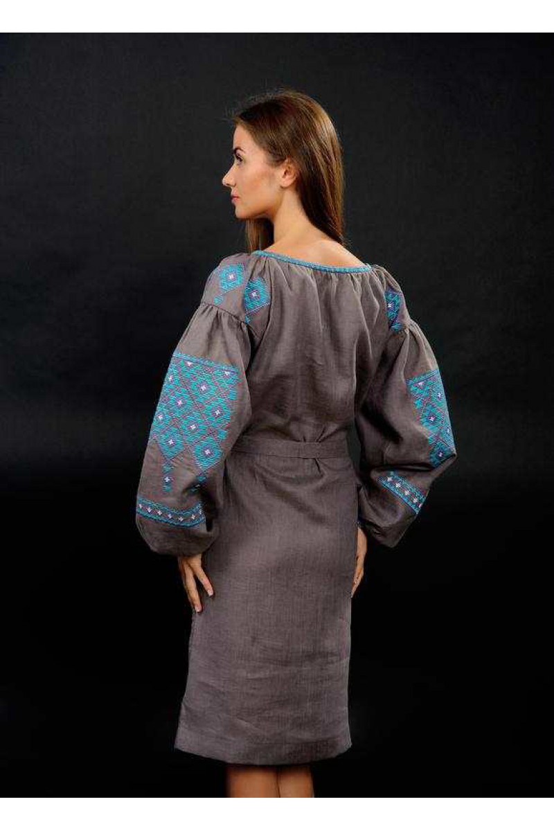Sofia, brown gray embroidered linen dress