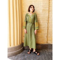 Платье из льна, длинное, зеленое, с вышивкой Любомира