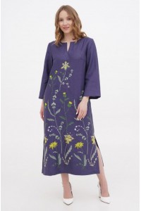 Сукня лляна довга фіолетова вишиванка Мадіна