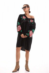 Autumn rose, women's black dress with embroidery