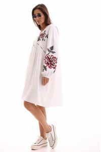 Autumn rose, women's white dress with embroidery