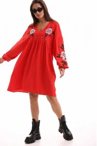 Autumn rose, dress for women red with embroideryy