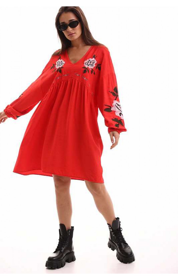 Autumn rose, dress for women red with embroideryy