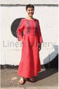 Dress linen long red embroidered Ashley