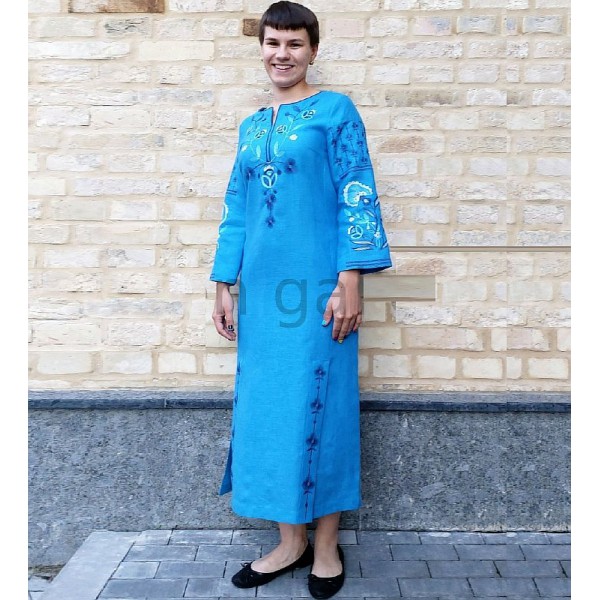 Сукня лляна довга блакитна вишиванка Стефанія, 52 розмір