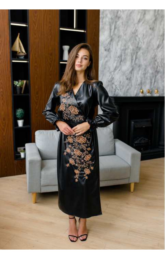 Orphea, women's embroidered dress made of eco leather