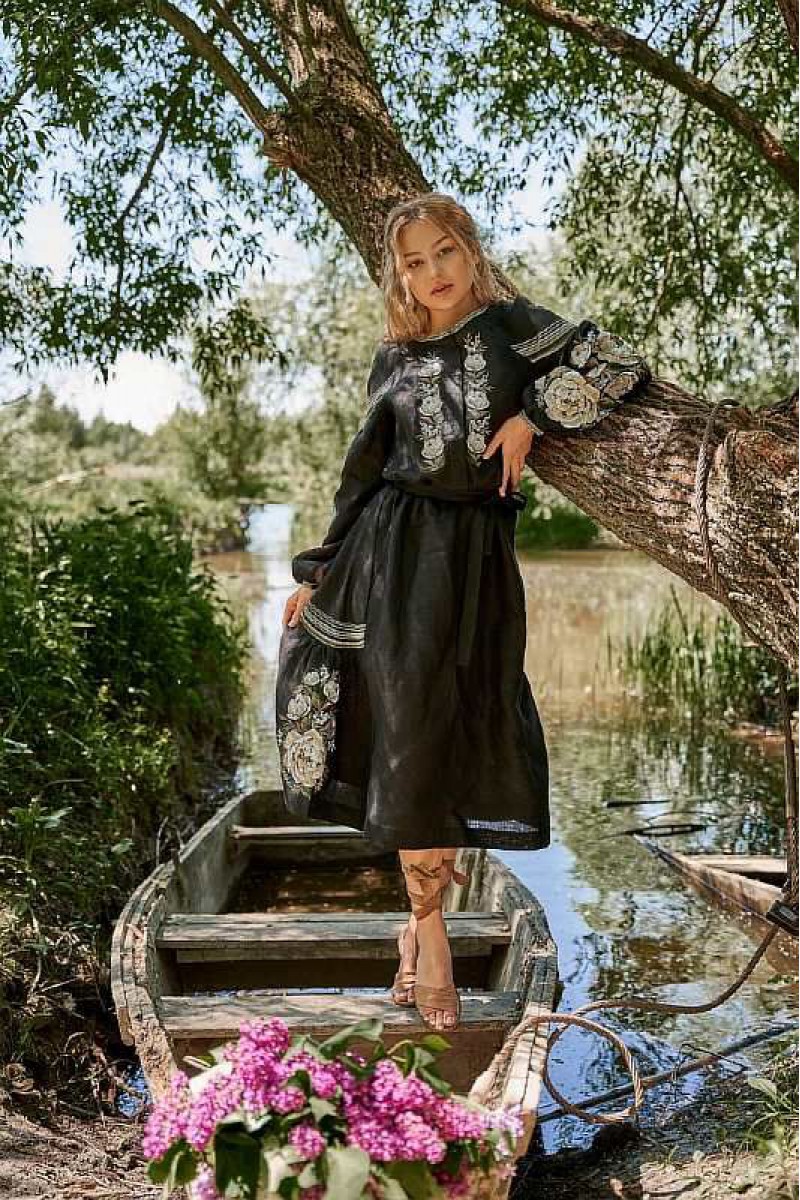 Peacock, women's black dress with embroidery