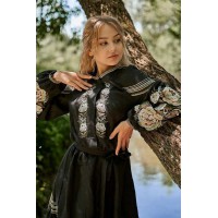 Peacock, women's black dress with embroidery