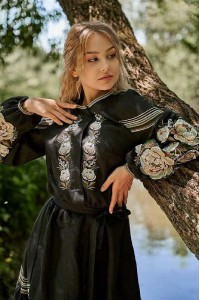 Peacock, women's black dress with embroidery