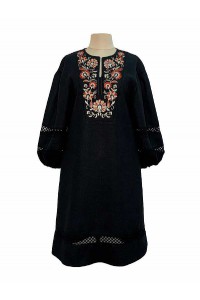 Long black linen dress embroidered by Boguslava.