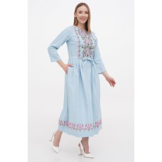 Crane, long embroidered linen dress, blue