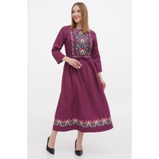 Zhuravka, linen dress long vyshyvanka, burgundy