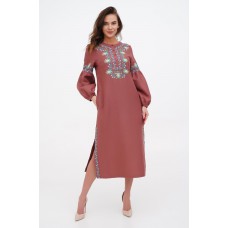 Fairy tale, long embroidered linen dress, brown