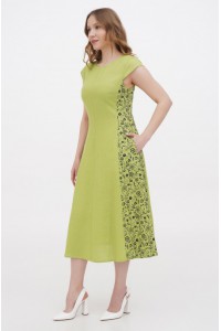 Linen green embroidered dress Cordelia