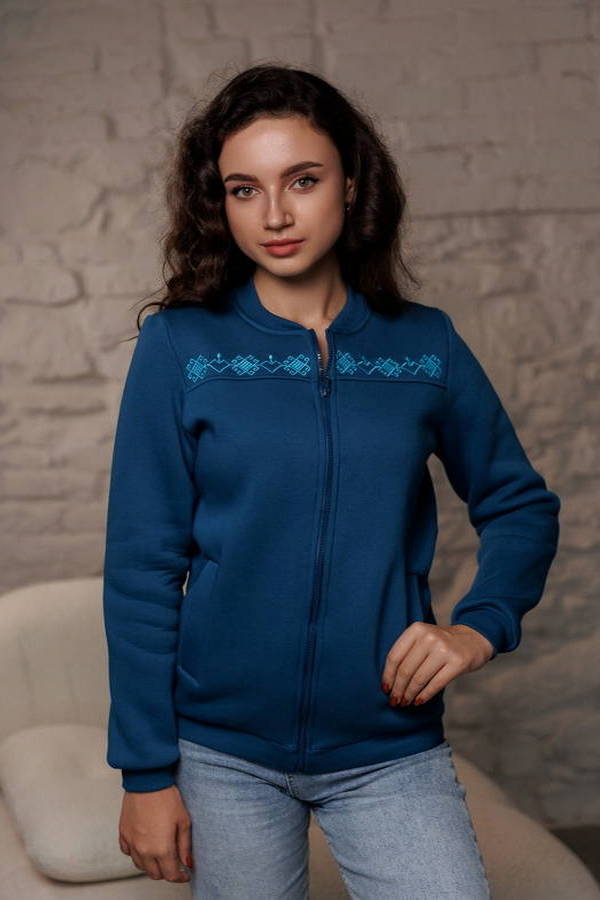 Бомбер зимовий жіночий синій з начісом, вишивка Кохана, XXL