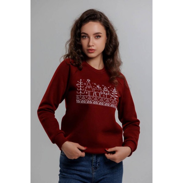 Warm women's sweatshirt with fleece, burgundy, Winter