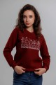 Warm women's sweatshirt with fleece, burgundy, Winter