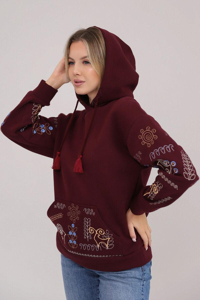 Women's hoodie with Plai embroidery, burgundy