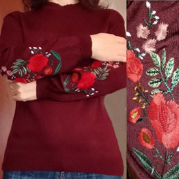 A bouquet of flowers, a burgundy embroidered jumper for women