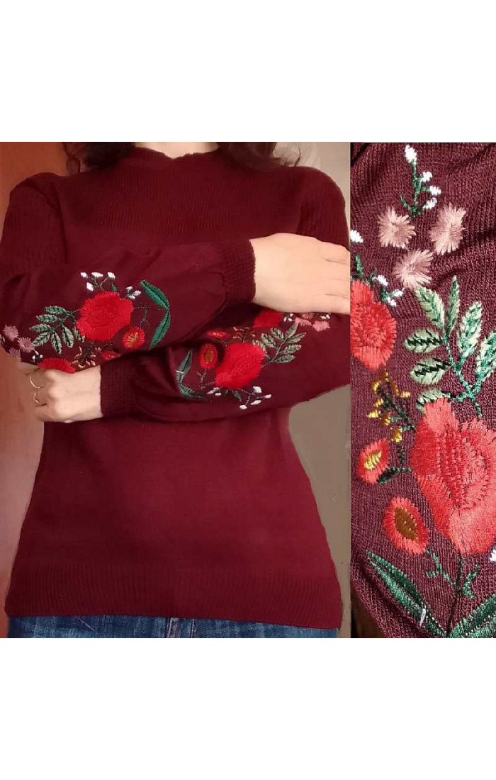 A bouquet of flowers, a burgundy embroidered jumper for women