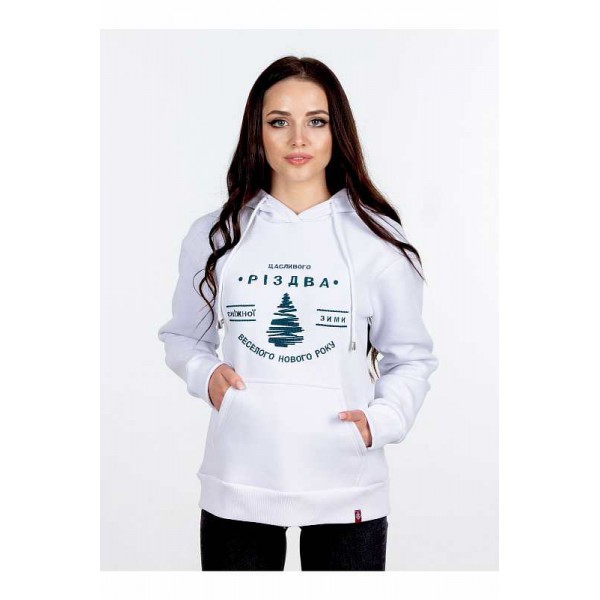 Christmas tree, women's winter sweatshirt with a hood, decorated with embroidery