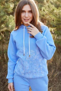 Women's blue hoodie with motley embroidery (Bird)