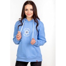 Snowy winter, women's winter sweatshirt with a hood, decorated with embroidery
