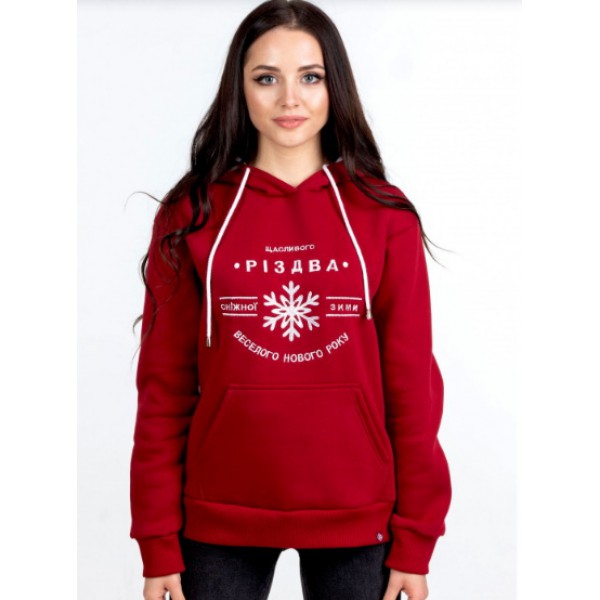 Merry Christmas, winter women's sweatshirt with a hood, decorated with embroidery