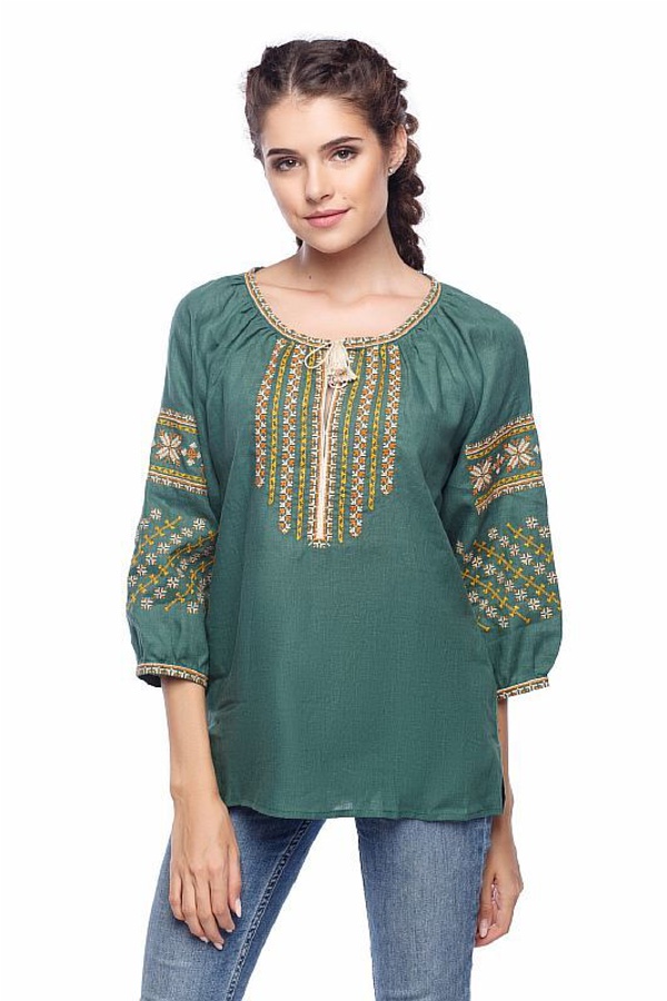 Women's linen vyshyvanka Bohuslava, green with orange embroidery, 54