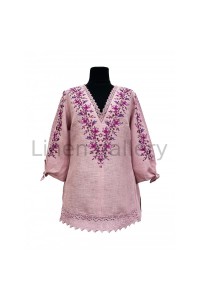 Blouse pink made of natural linen with embroidery and mesh Yana