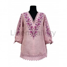 Yana, blouse made of natural linen with embroidery and lace, pink color