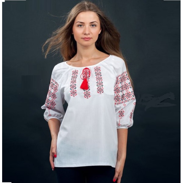 Horns, women's vyshyvanka Blouse made of thin soft home-woven fabric, decorated with red and black embroidery