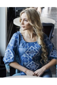 Blue embroidered shirt for women, blue embroidery of Hoverla.