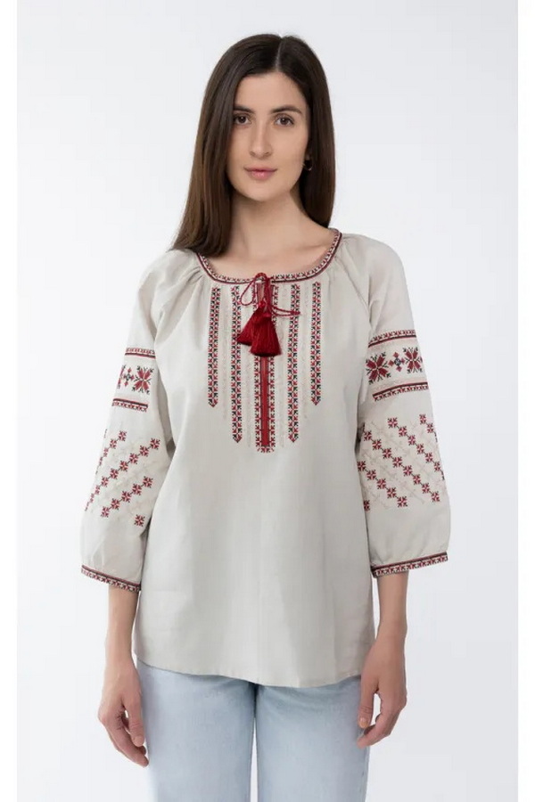 Linen blouse, women's embroidered shirt Bohuslava, gray with burgundy embroidery, 56