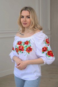 Довершеність, біла вишиванка жіноча з трояндами, XXL
