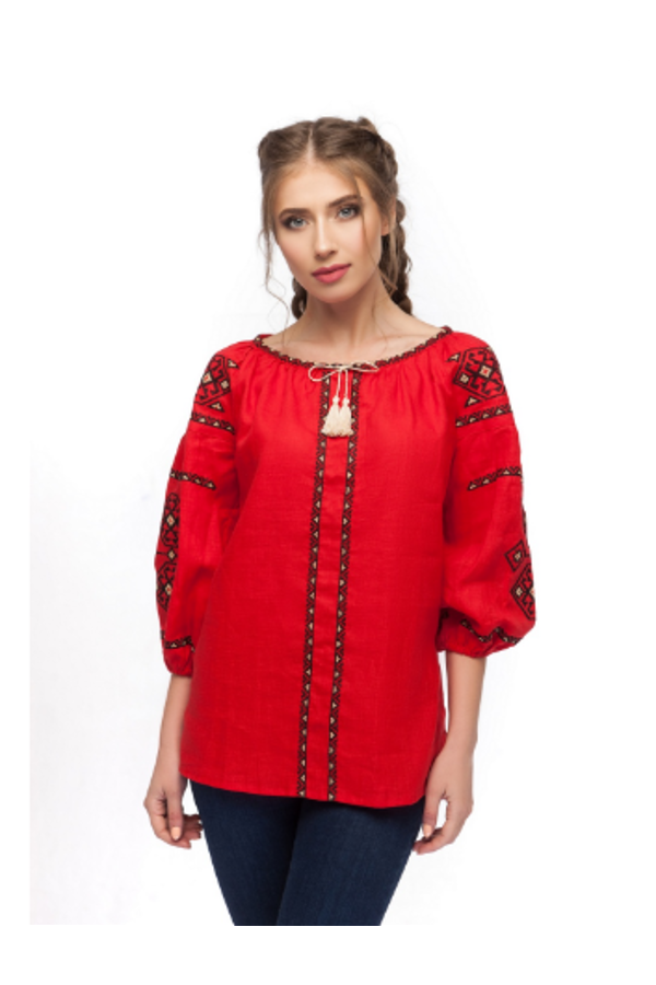 Red embroidered women's shirt from Svitodar, 54