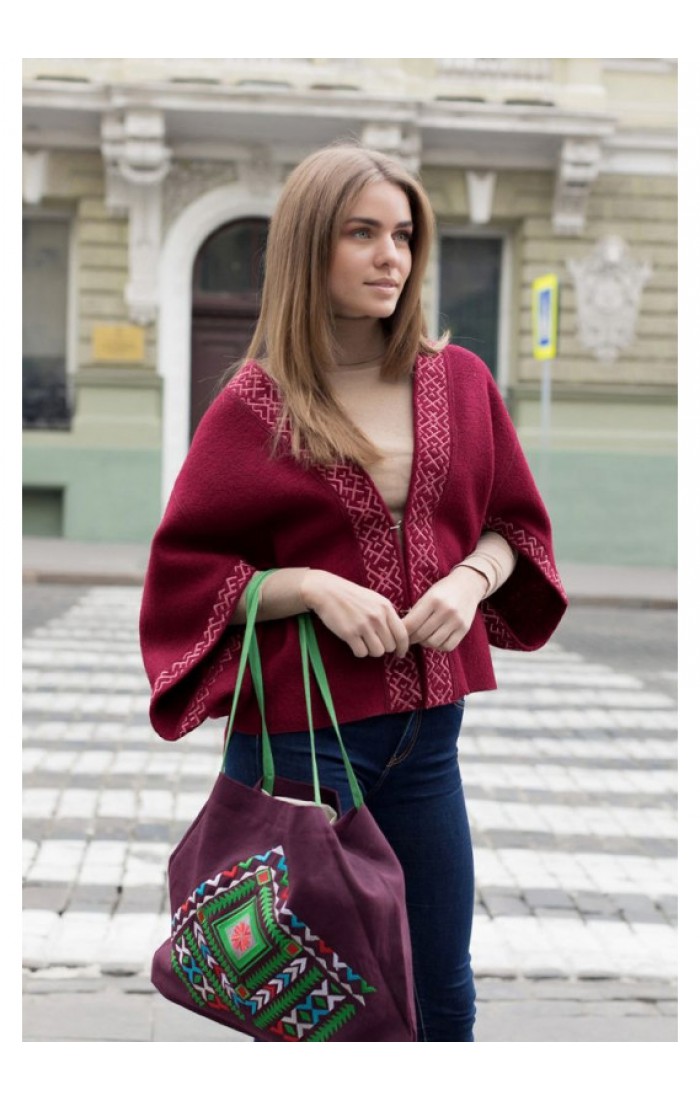 Vsevlad, embroidered women's burgundy cape