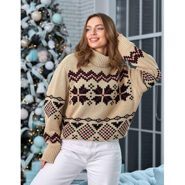 Berta, knitted sweater with geometric patterns, cappuccino