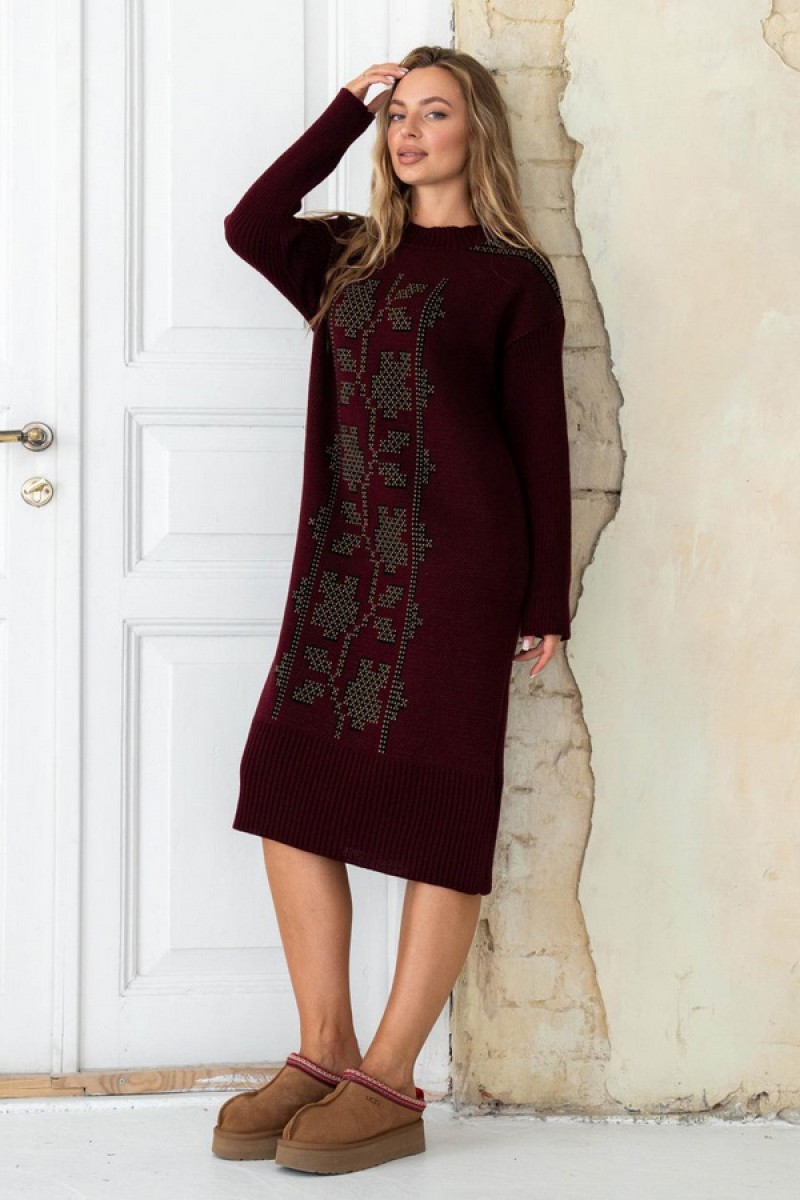 Knitted dress vyshyvanka Verbena (burgundy, black, caramel)