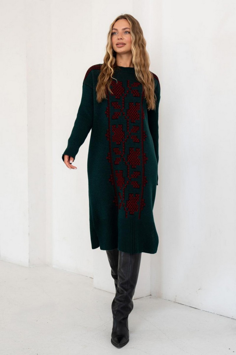 Knitted dress vyshyvanka Verbena (emerald, black, red)