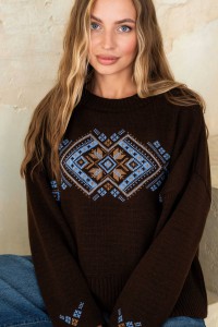 Oversized embroidered sweater “Ethno” (chocolate, caramel, flax)