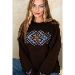Объёмный джемпер-вышиванка «Этно» (шоколад, карамель, лён)