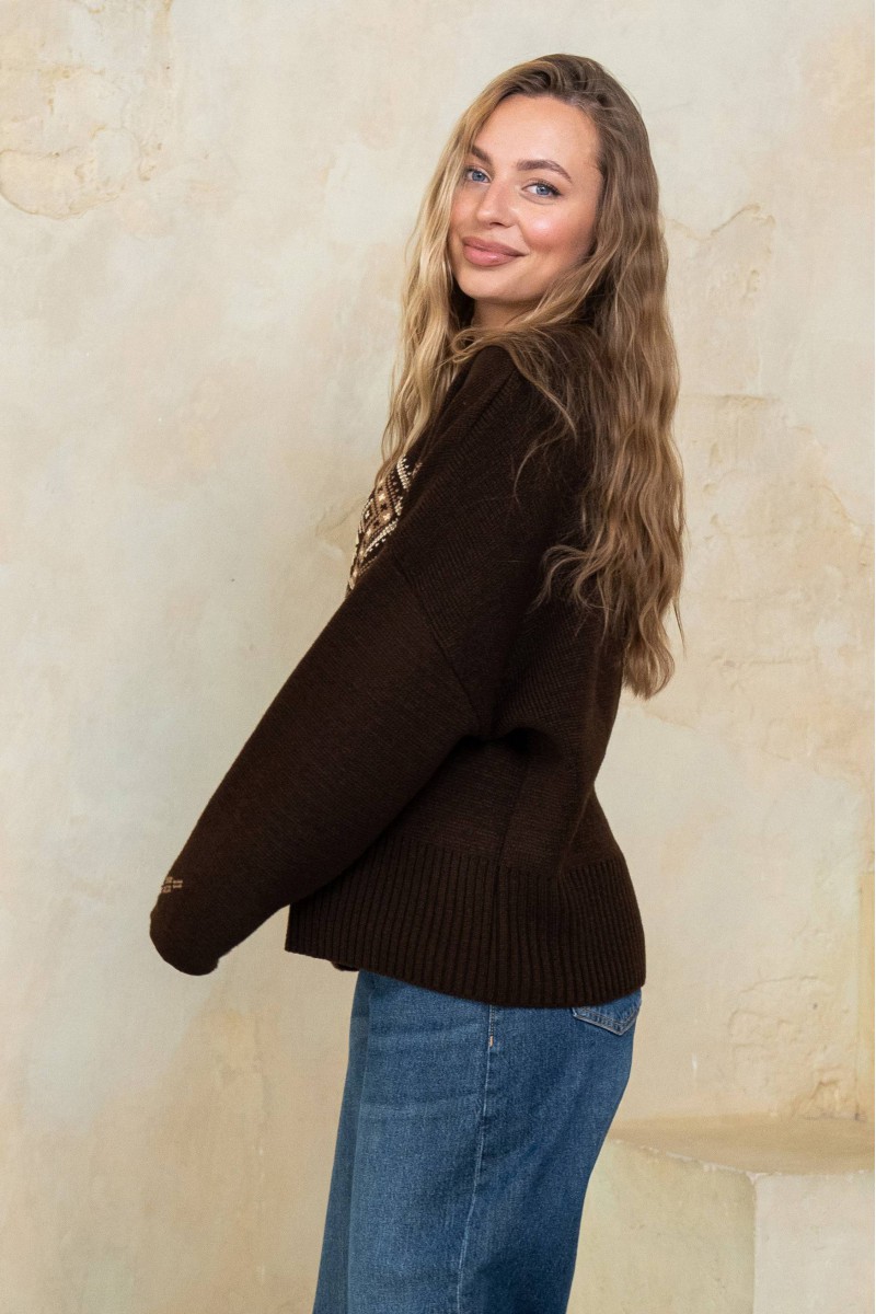 Объёмный джемпер-вышиванка «Этно» (шоколад, карамель, лён)