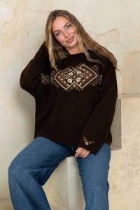 Oversized embroidered sweater “Ethno” (chocolate, caramel, flax)