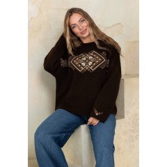 Объёмный джемпер-вышиванка «Этно» (шоколад, карамель, лён)