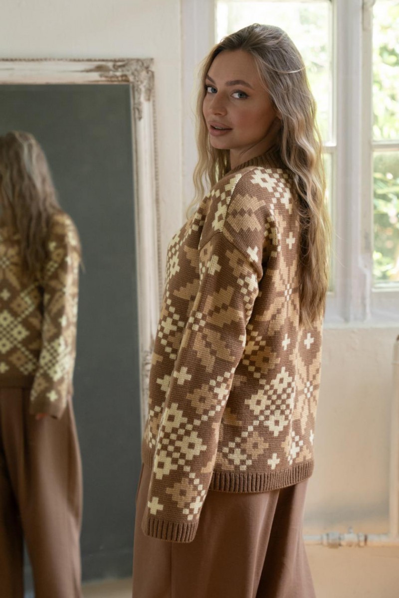 Свитер-вышиванка «Софийка» с богатым принтом (карамель, беж, масло)