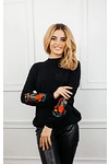 Embroidered sweater for women in dark-blue with a bouquet of flowers,