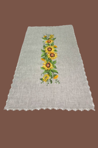 Sunflowers, linen table runner made of gray linen - buy in Kramiia